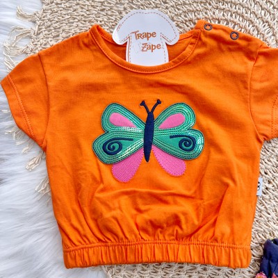 Conj. Blusa Borboleta e Short Borboletinhas - Laranja e Marinho
